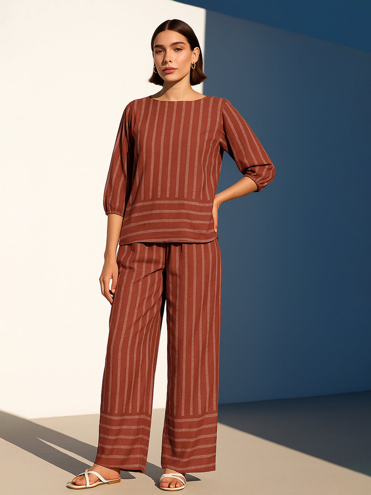 Rust Stripes Print Top With Pants-SASSAFRAS
