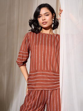 Rust Stripes Print Top With Pants-SASSAFRAS