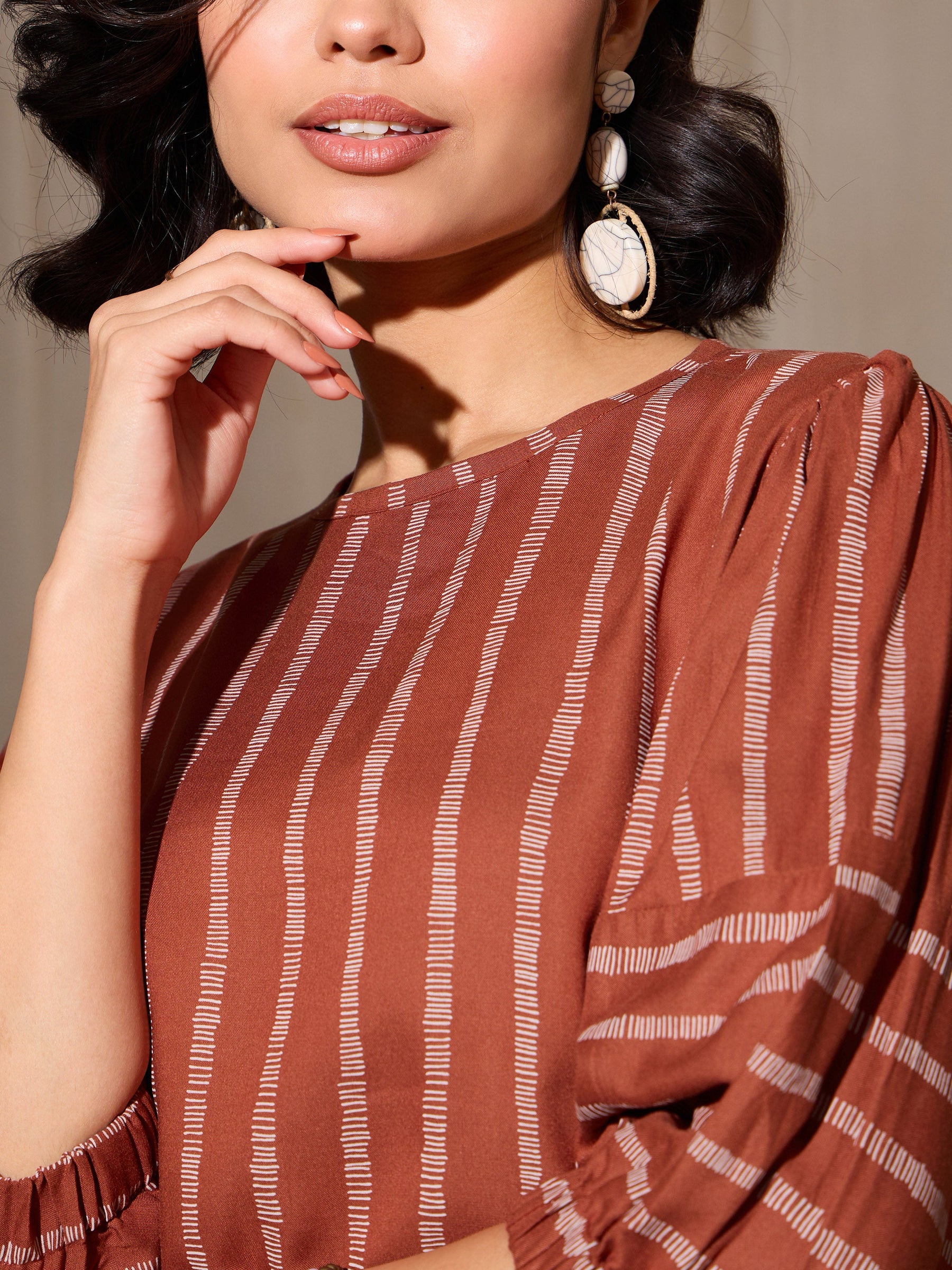 Rust Stripes Print Top With Pants-SASSAFRAS