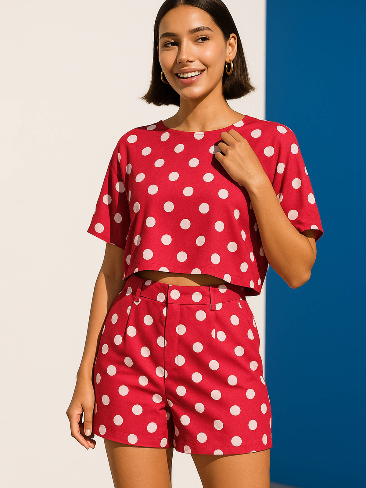 Red Polka Dot Crop Top With Hem Fold Shorts-SASSAFRAS