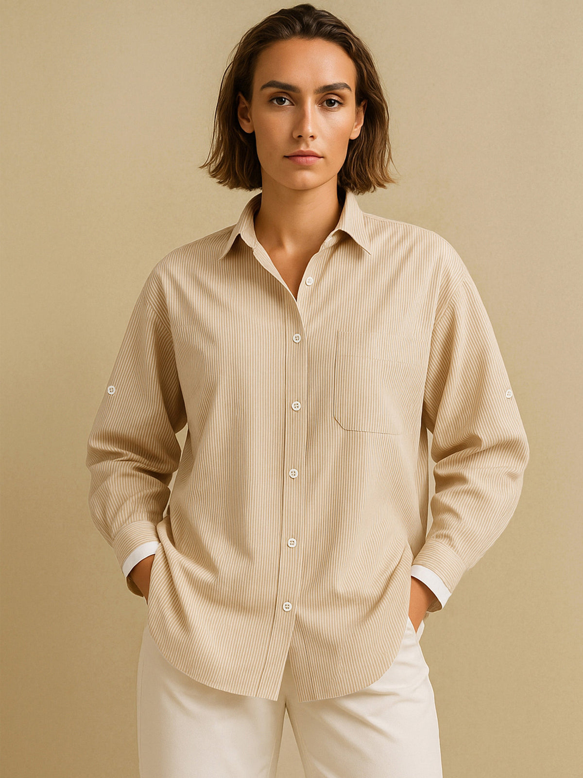 Beige Striped Roll Up Sleeves Shirt-SASSAFRAS