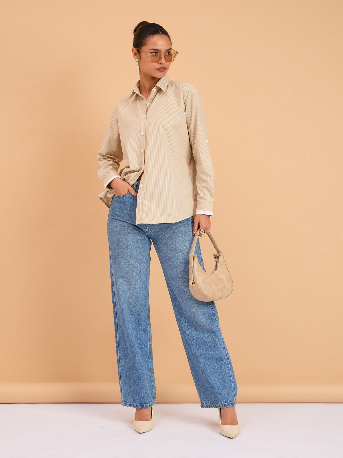 Beige Striped Roll Up Sleeves Shirt-SASSAFRAS