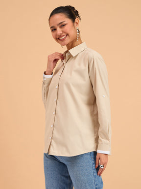Beige Striped Roll Up Sleeves Shirt-SASSAFRAS