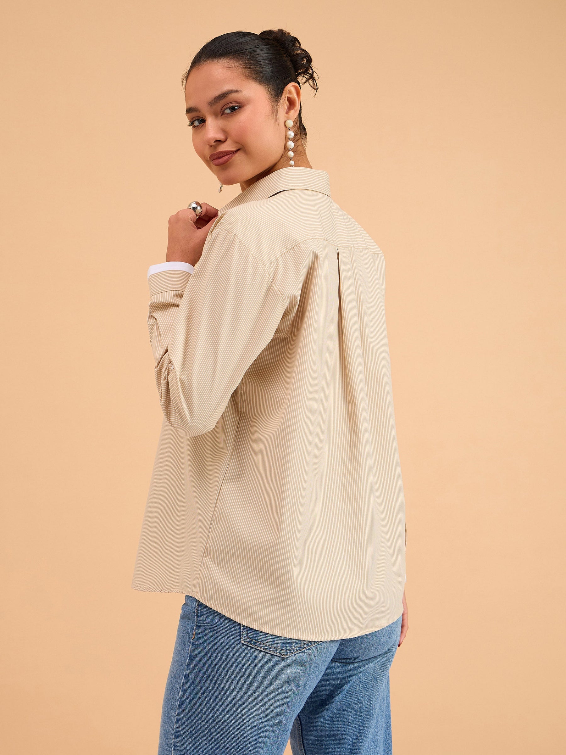 Beige Striped Roll Up Sleeves Shirt-SASSAFRAS