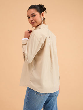 Beige Striped Roll Up Sleeves Shirt-SASSAFRAS