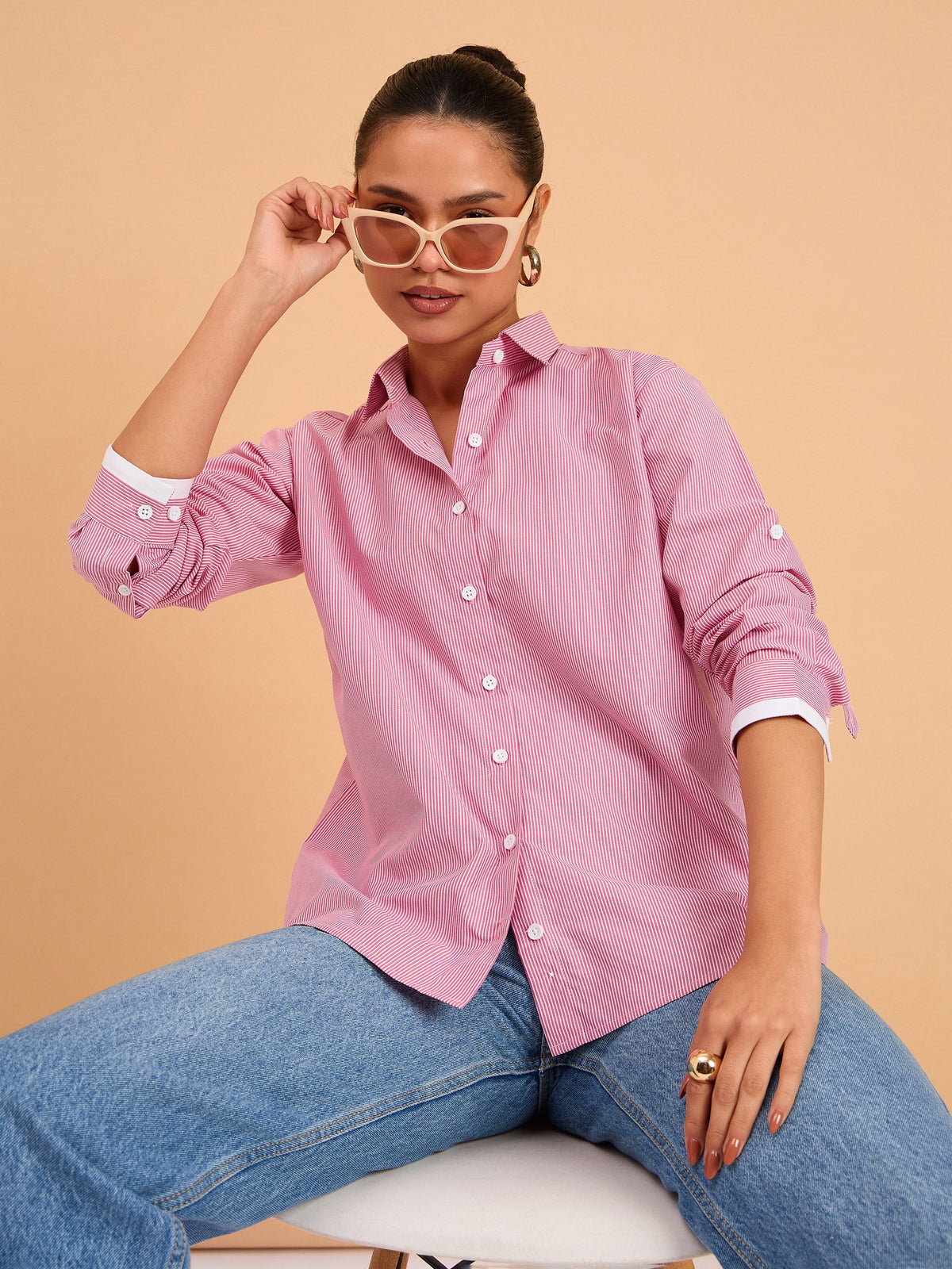 Fuchsia Striped Roll Up Sleeves Shirt-SASSAFRAS