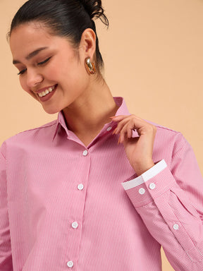Fuchsia Striped Roll Up Sleeves Shirt-SASSAFRAS