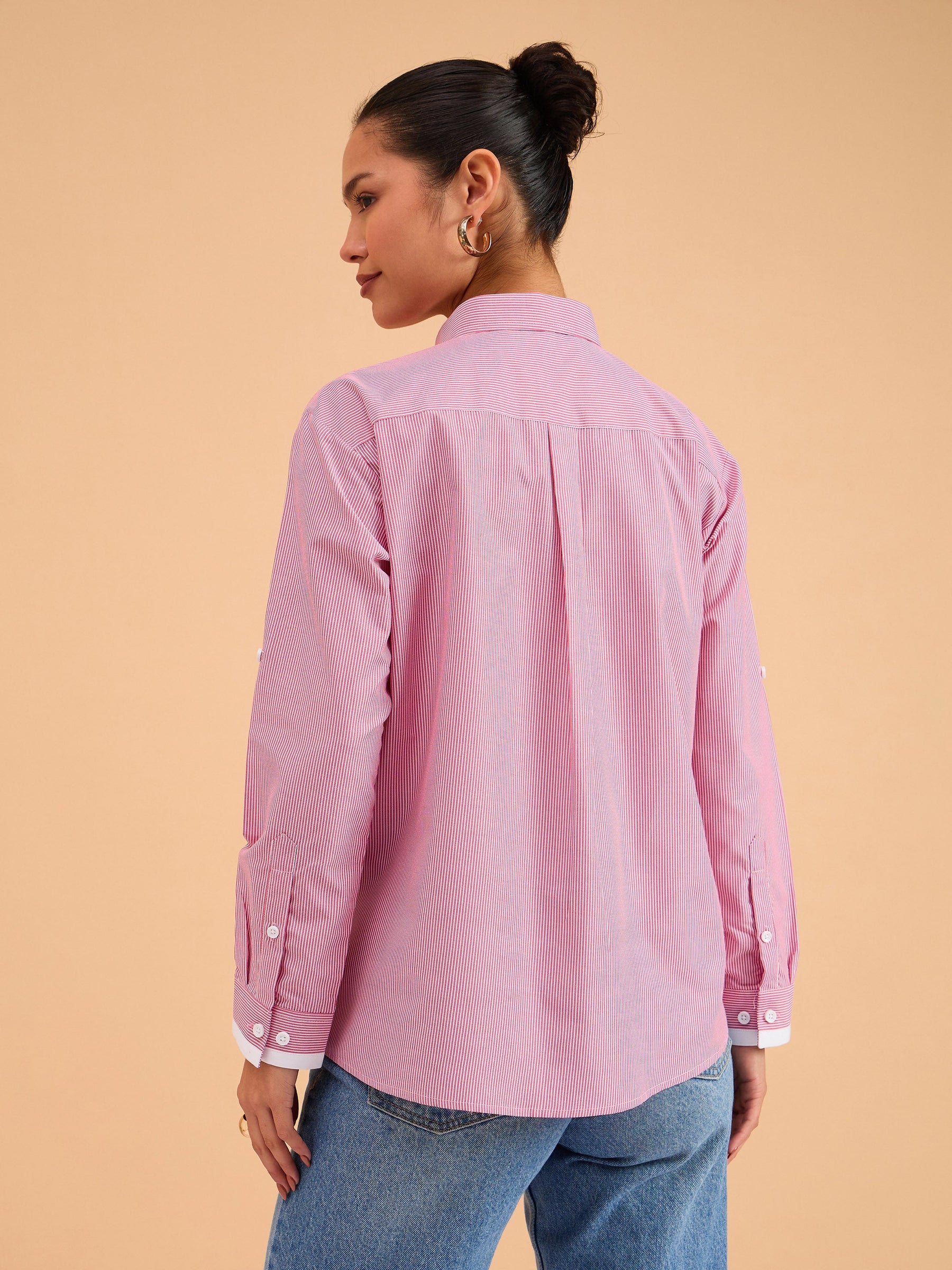 Fuchsia Striped Roll Up Sleeves Shirt-SASSAFRAS