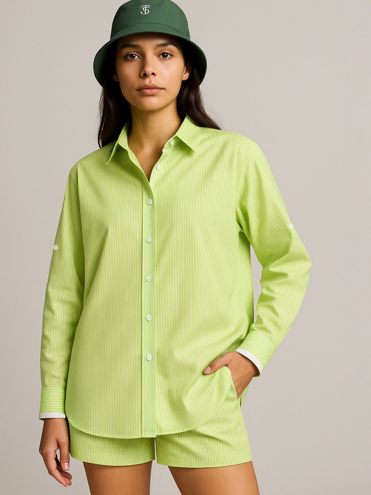 Green Striped Roll Up Sleeves Shirt-SASSAFRAS