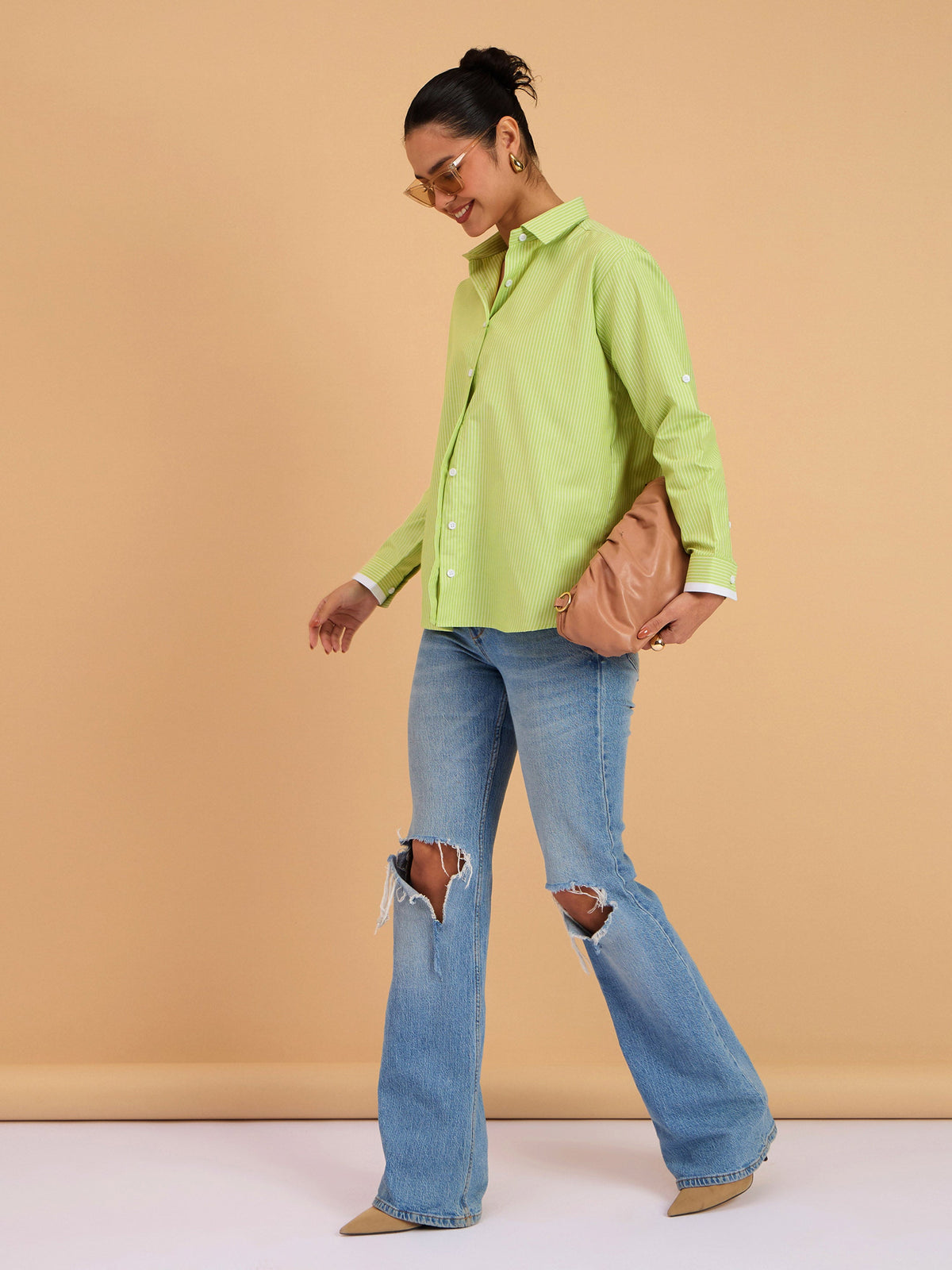 Green Striped Roll Up Sleeves Shirt-SASSAFRAS