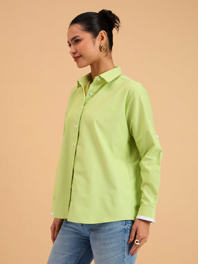 Green Striped Roll Up Sleeves Shirt-SASSAFRAS
