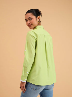 Green Striped Roll Up Sleeves Shirt-SASSAFRAS