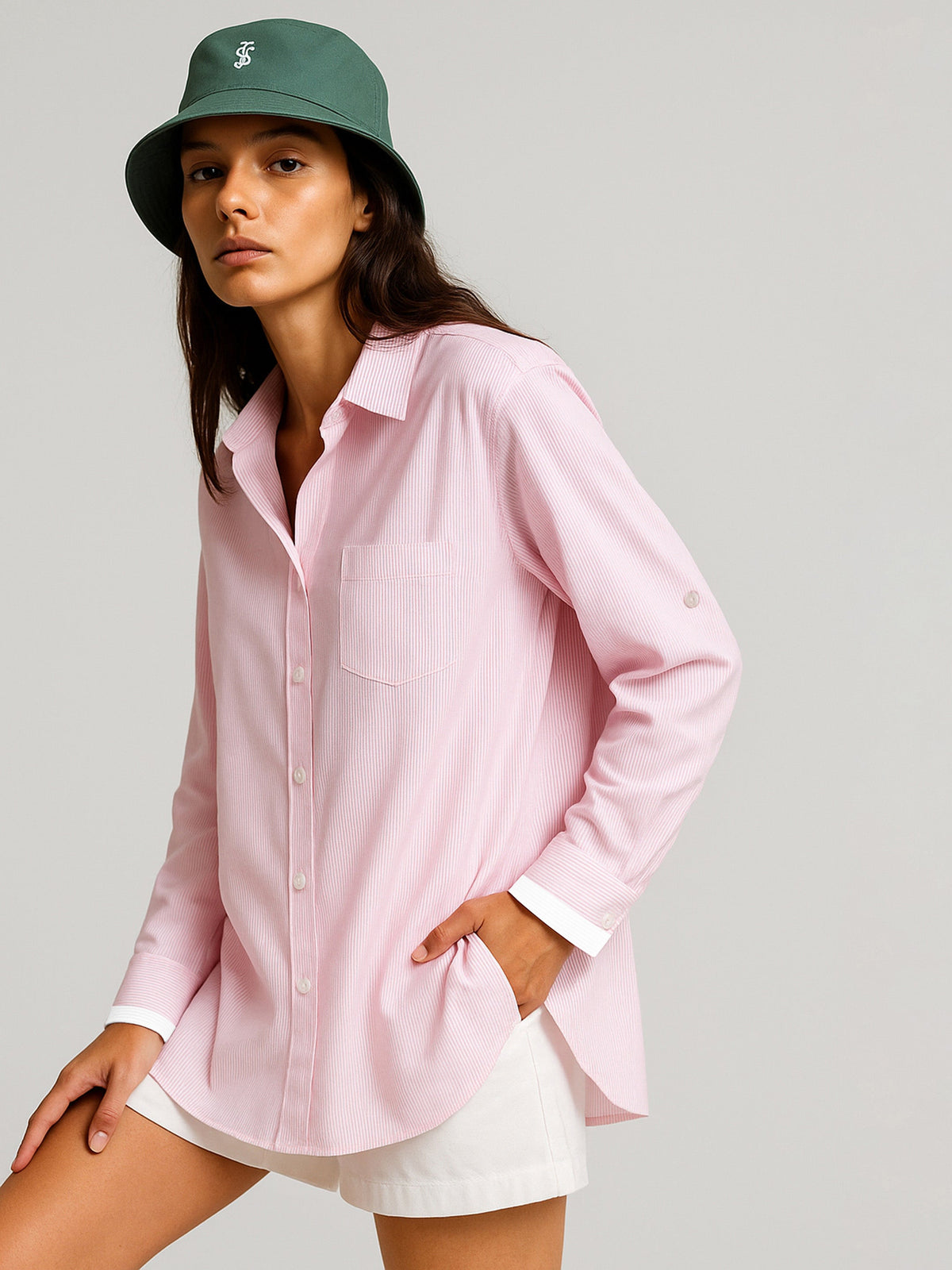 Pink Striped Roll Up Sleeves Shirt-SASSAFRAS