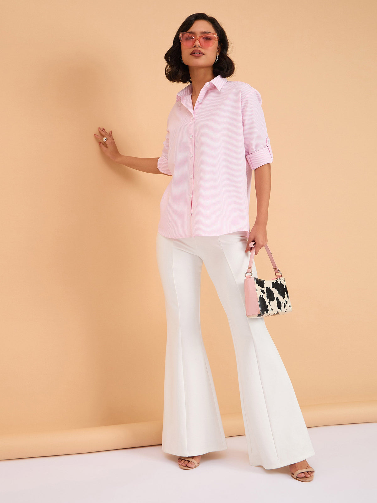 Pink Striped Roll Up Sleeves Shirt-SASSAFRAS