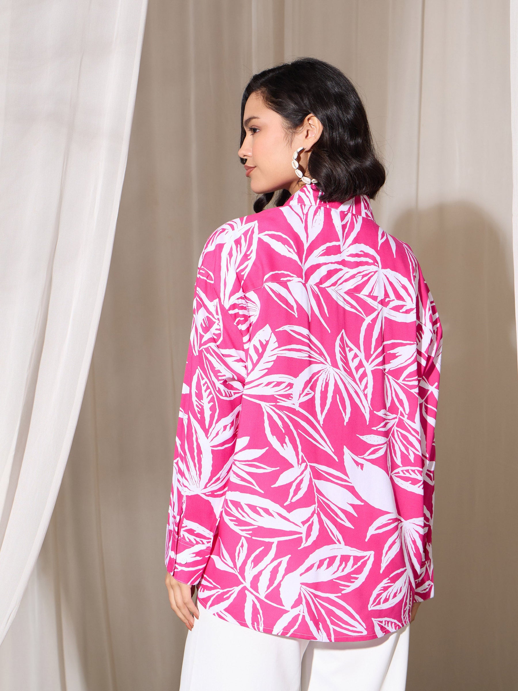 Fuchsia Tropical Floral Oversized Shirt-SASSAFRAS