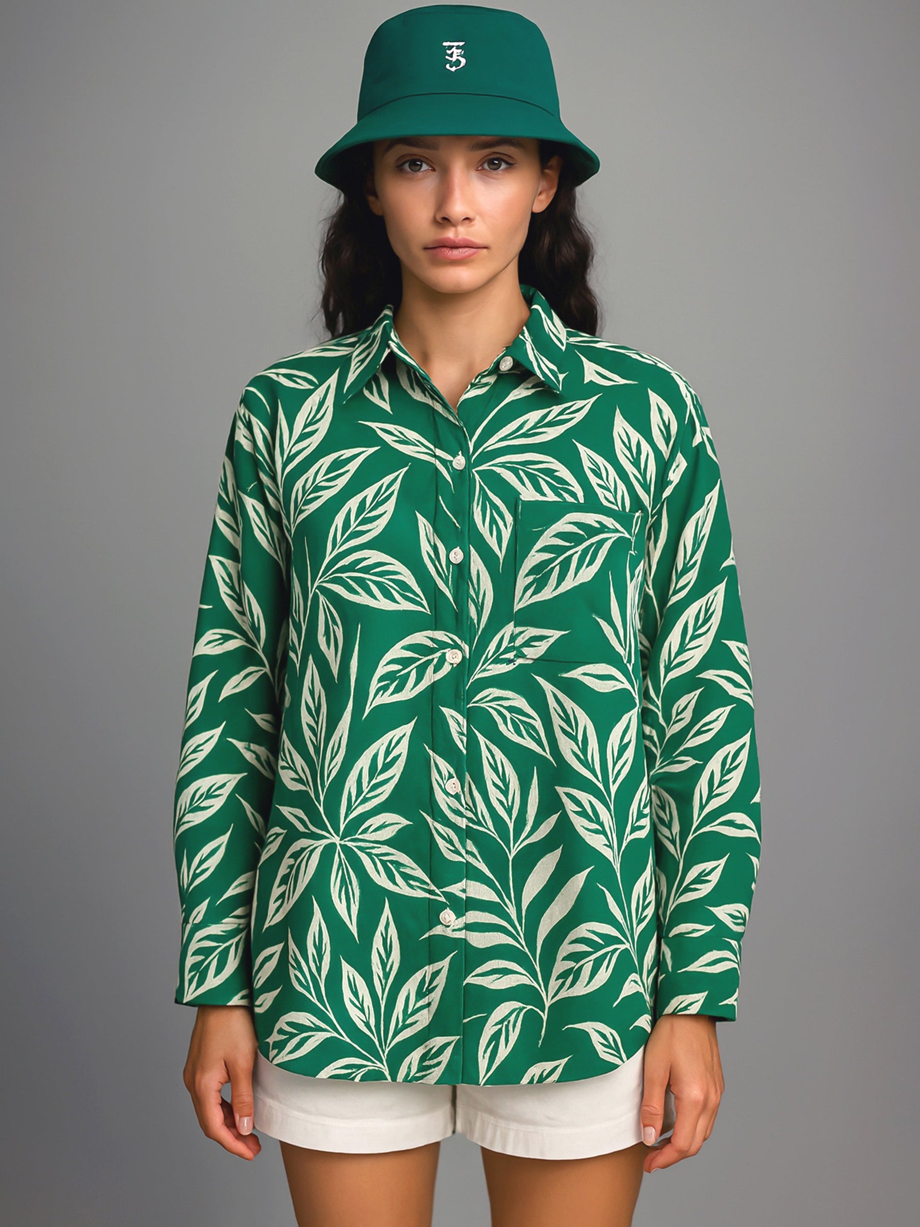 Green Tropical Floral Oversized Shirt-SASSAFRAS