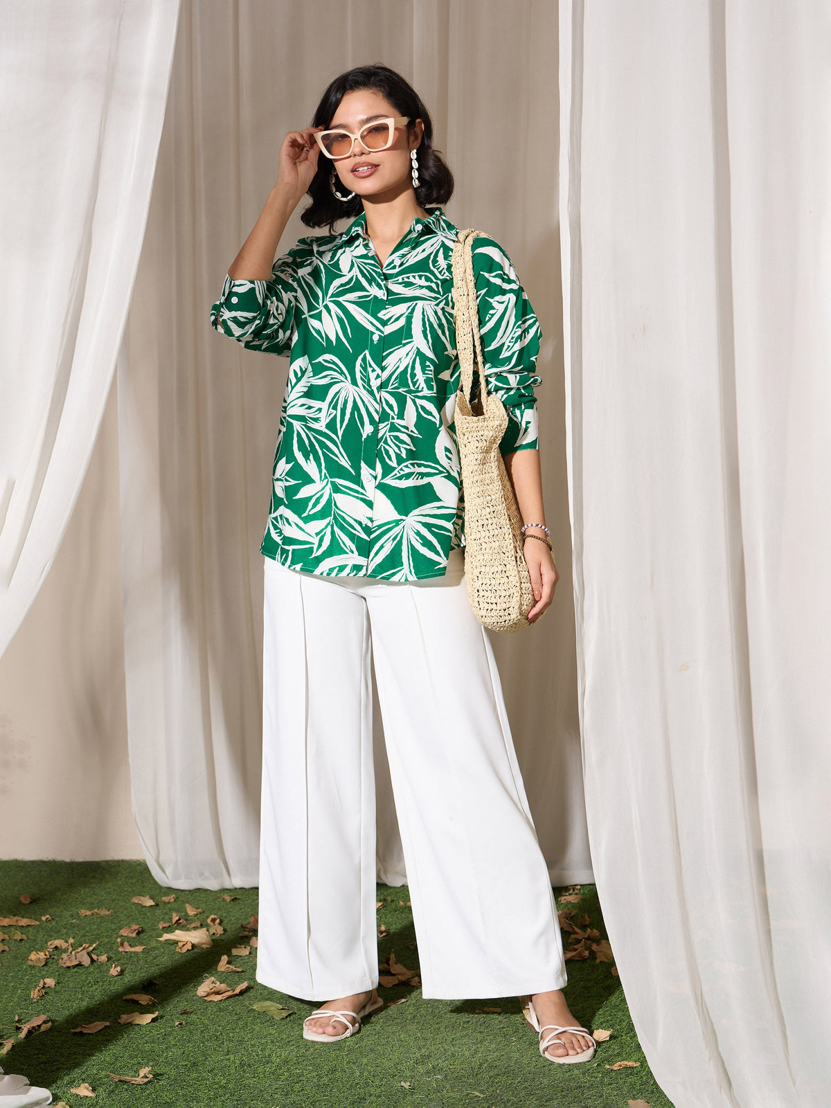 Green Tropical Floral Oversized Shirt-SASSAFRAS