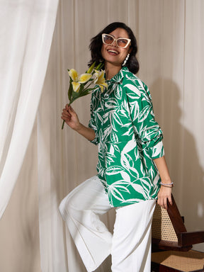 Green Tropical Floral Oversized Shirt-SASSAFRAS