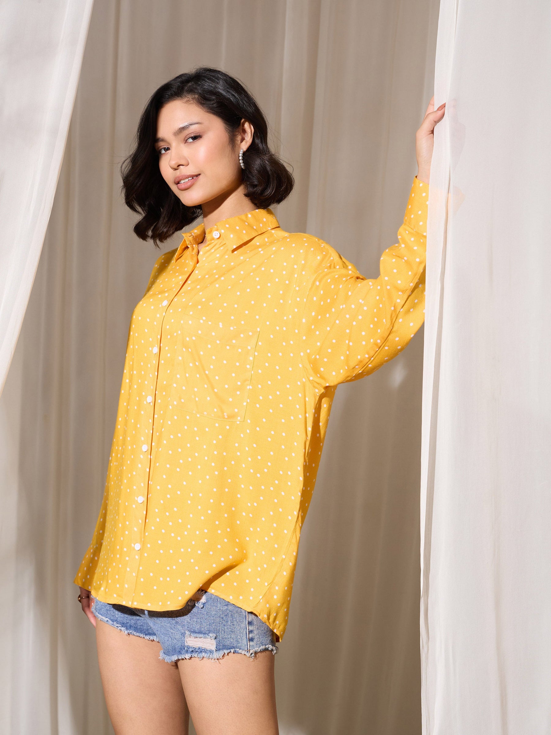 Yellow Pin Polka Dot Oversized Shirt-SASSAFRAS