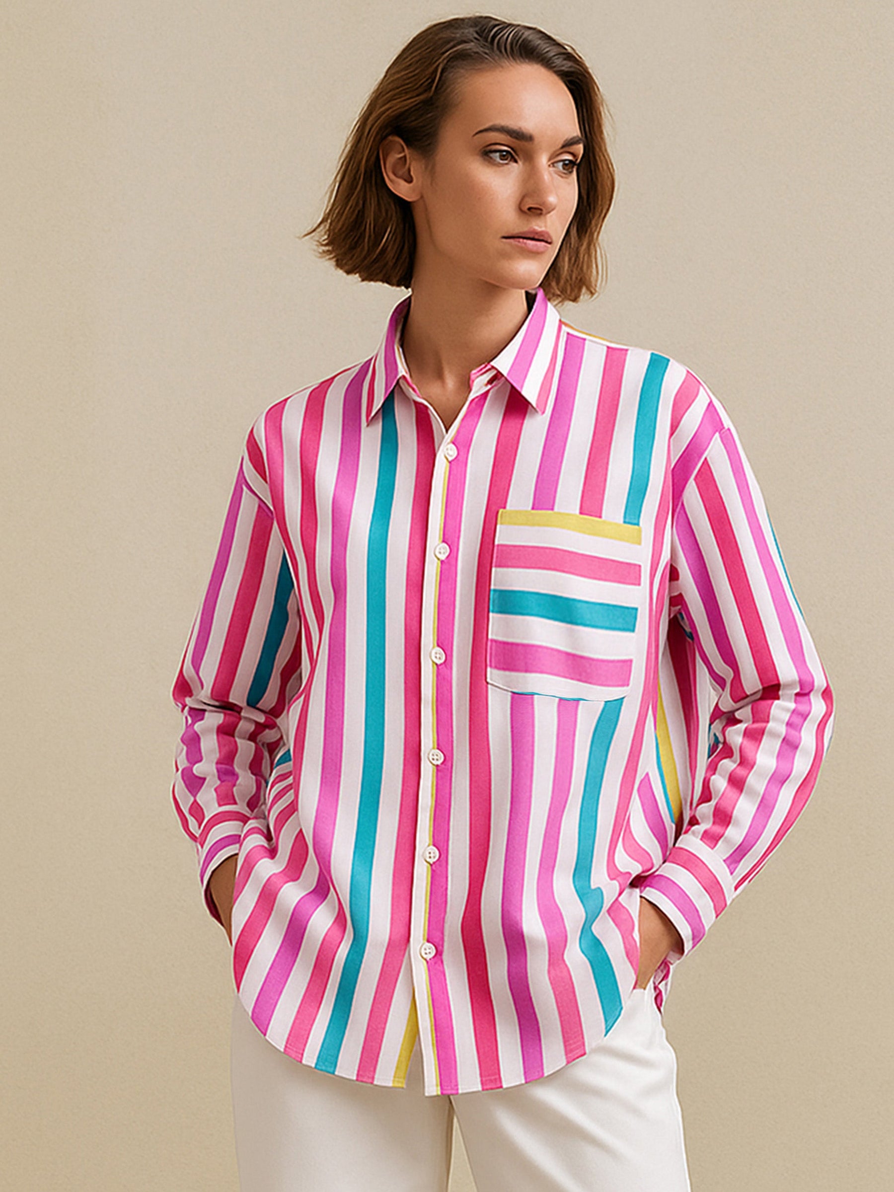 Pink Multi Stripes Pocket Detail Oversized Shirt-SASSAFRAS