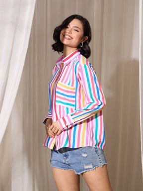 Pink Multi Stripes Pocket Detail Oversized Shirt-SASSAFRAS