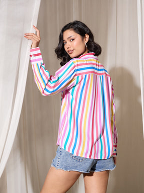 Pink Multi Stripes Pocket Detail Oversized Shirt-SASSAFRAS