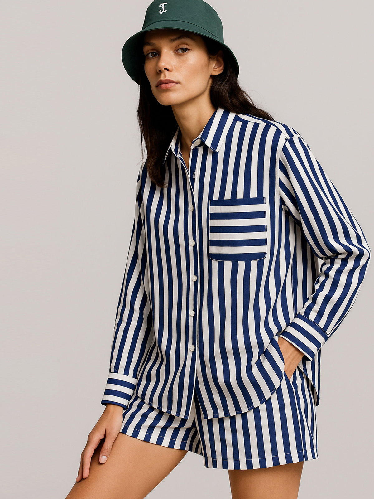Navy Stripes Pocket Detail Oversized Shirt-SASSAFRAS