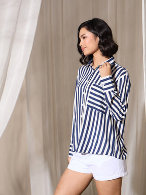 Navy Stripes Pocket Detail Oversized Shirt-SASSAFRAS