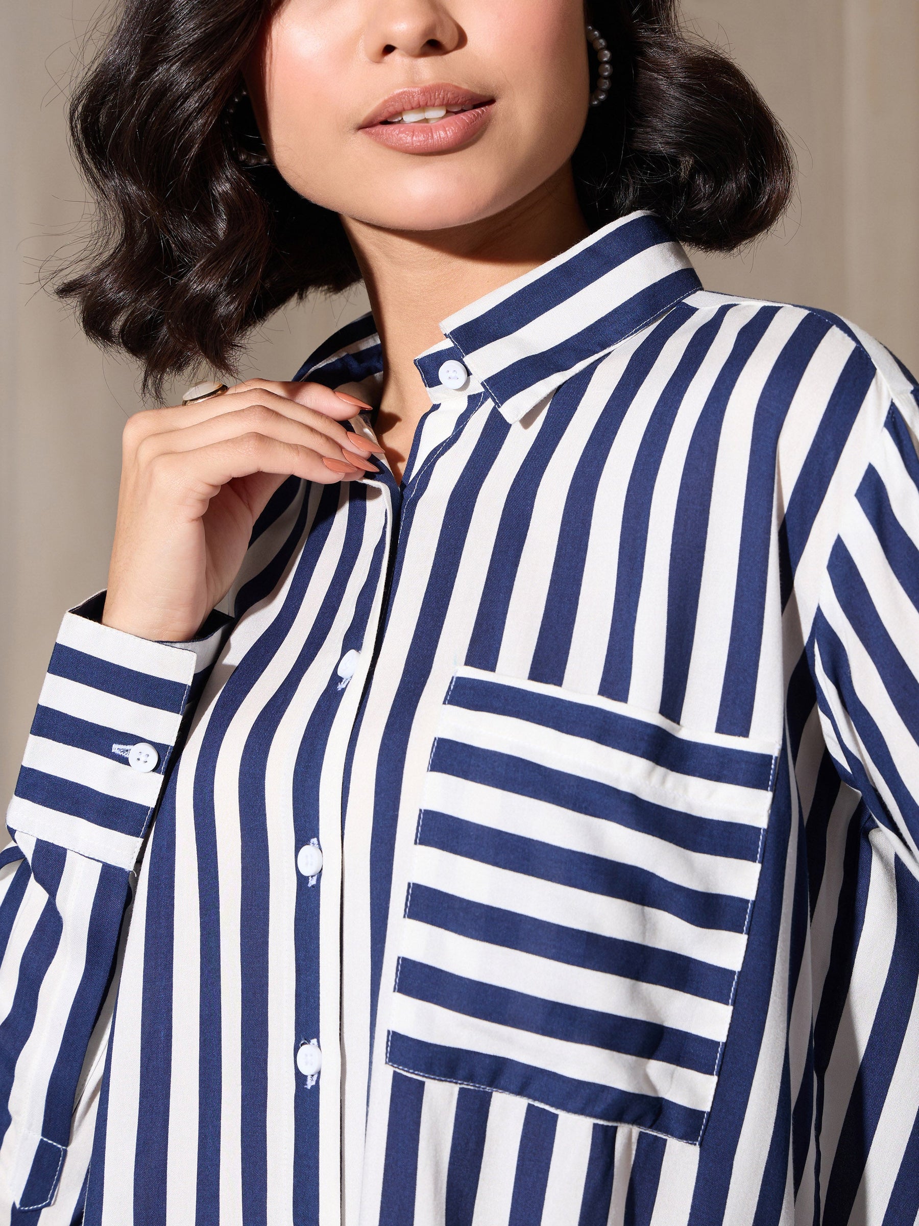 Navy Stripes Pocket Detail Oversized Shirt-SASSAFRAS