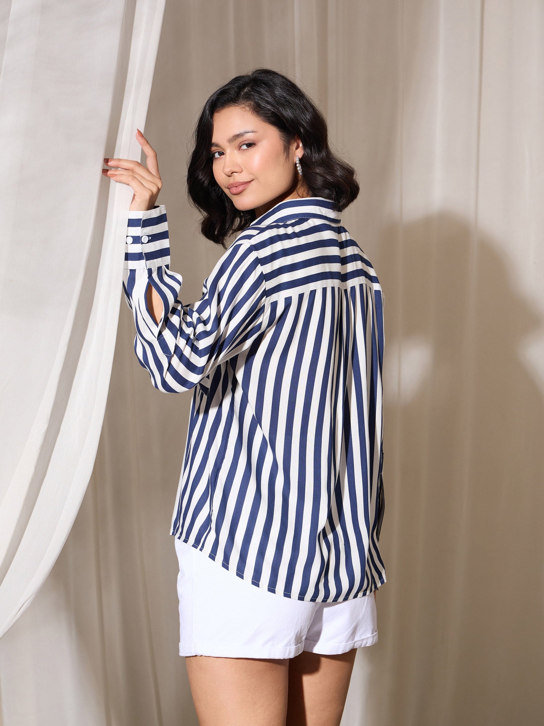 Navy Stripes Pocket Detail Oversized Shirt-SASSAFRAS