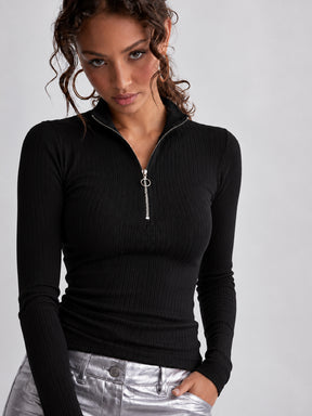 Women Black Rib Half Zipper Full Sleeves Top