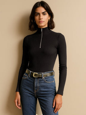 Black Rib Half Zipper Full Sleeves Top-SASSAFRAS
