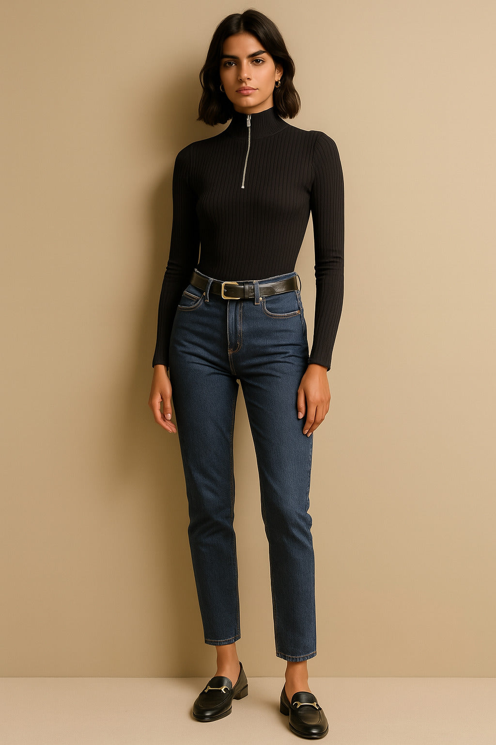 Black Rib Half Zipper Full Sleeves Top-SASSAFRAS