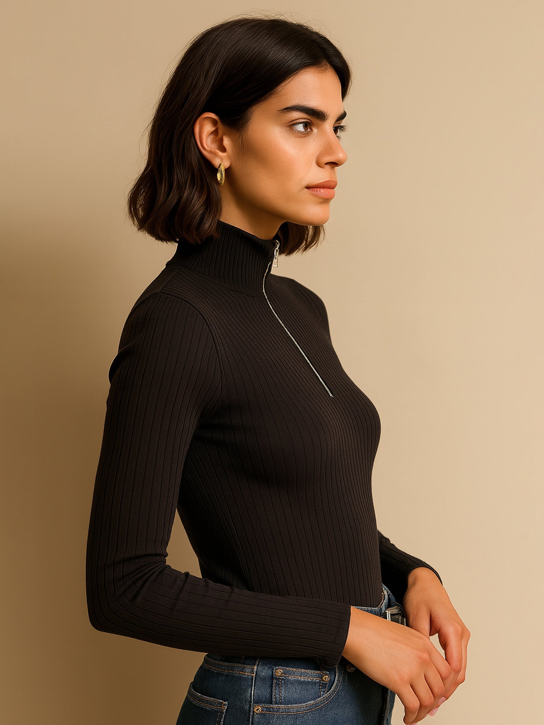 Black Rib Half Zipper Full Sleeves Top-SASSAFRAS