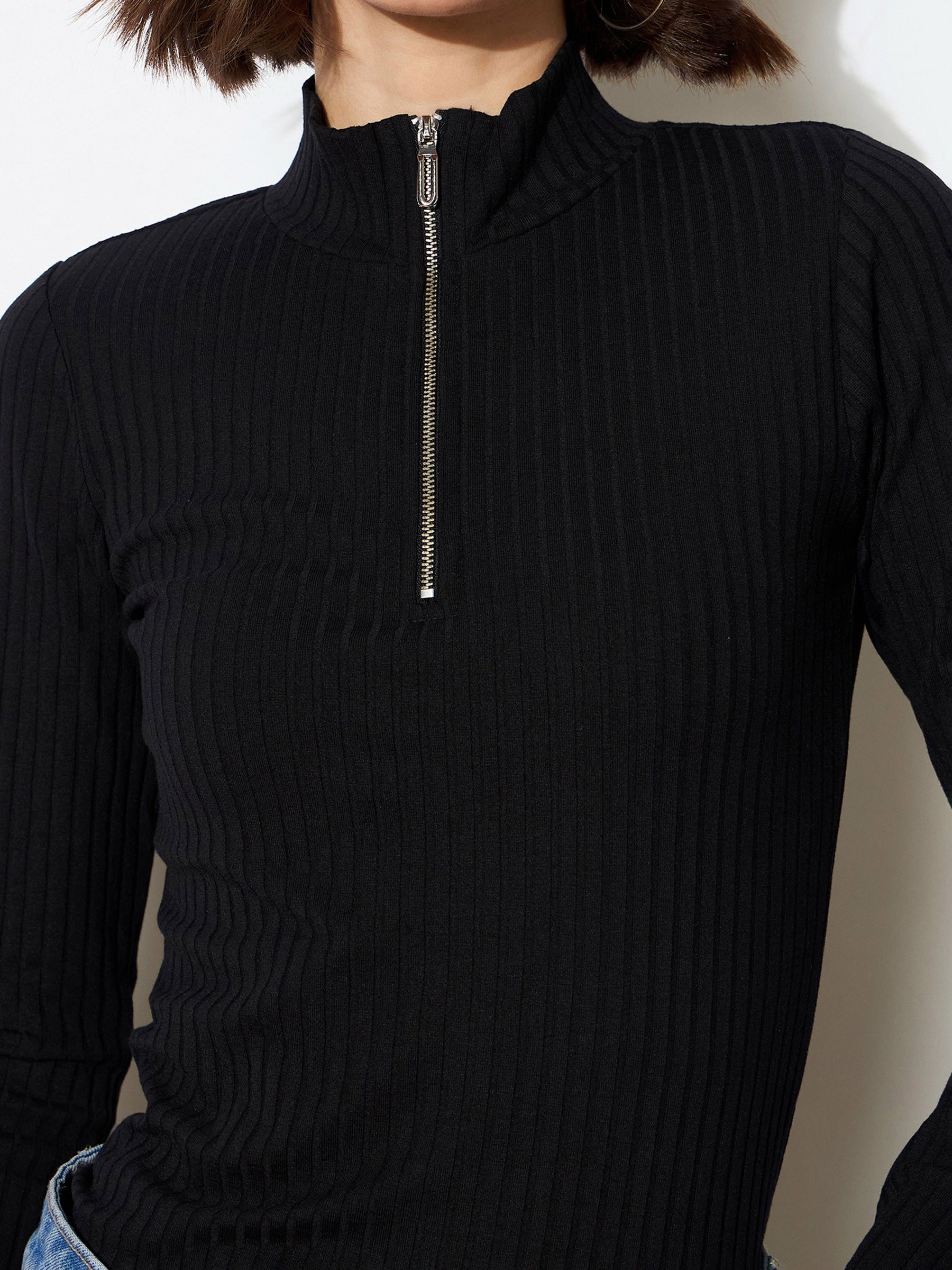 Black Rib Half Zipper Full Sleeves Top-SASSAFRAS