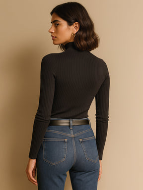 Black Rib Half Zipper Full Sleeves Top-SASSAFRAS