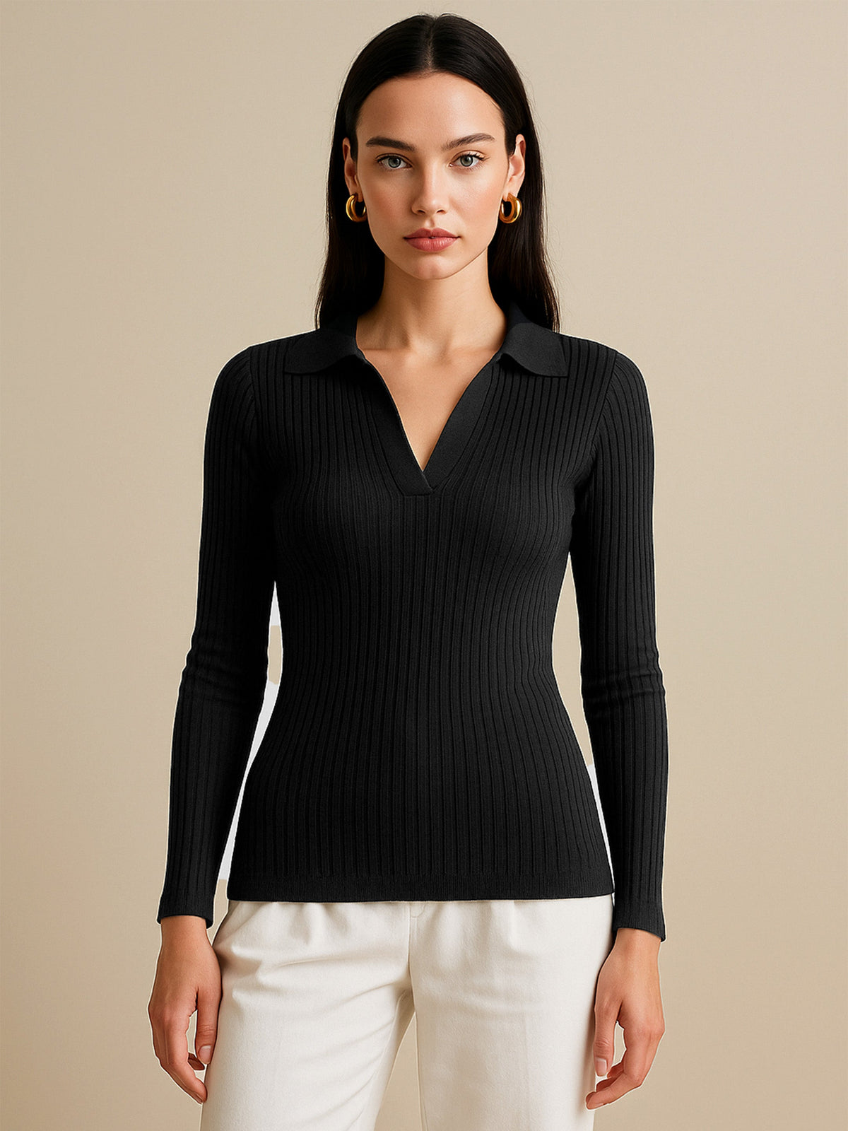 Black Rib Polo Style V-Neck Neck Top-SASSAFRAS
