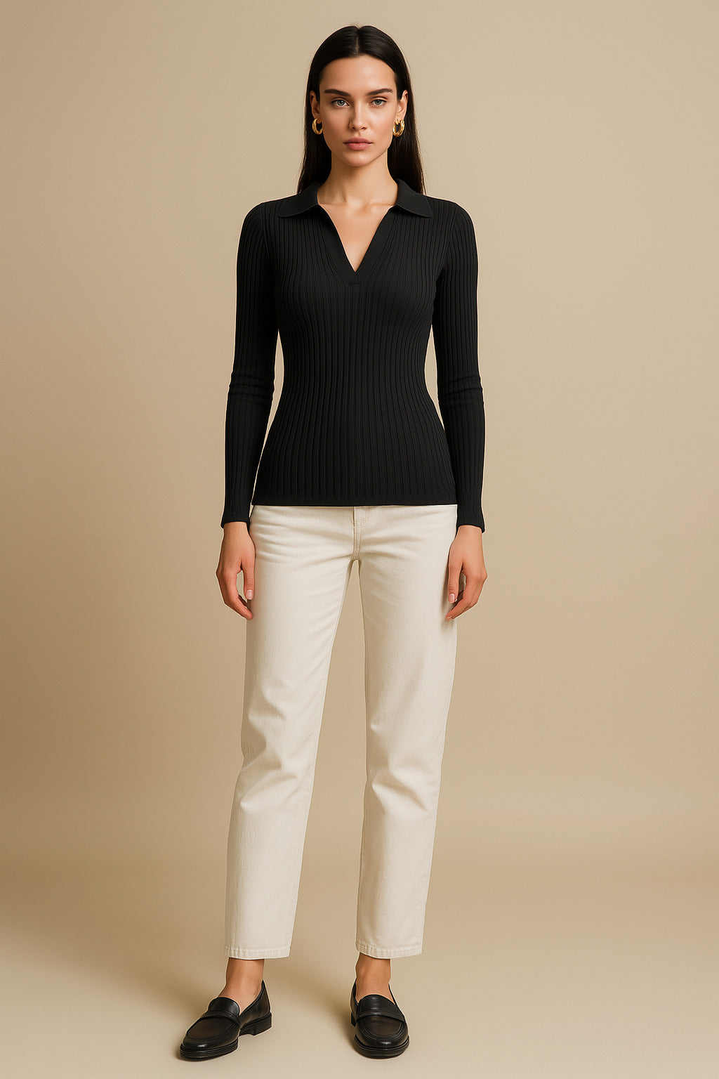 Black Rib Polo Style V-Neck Neck Top-SASSAFRAS