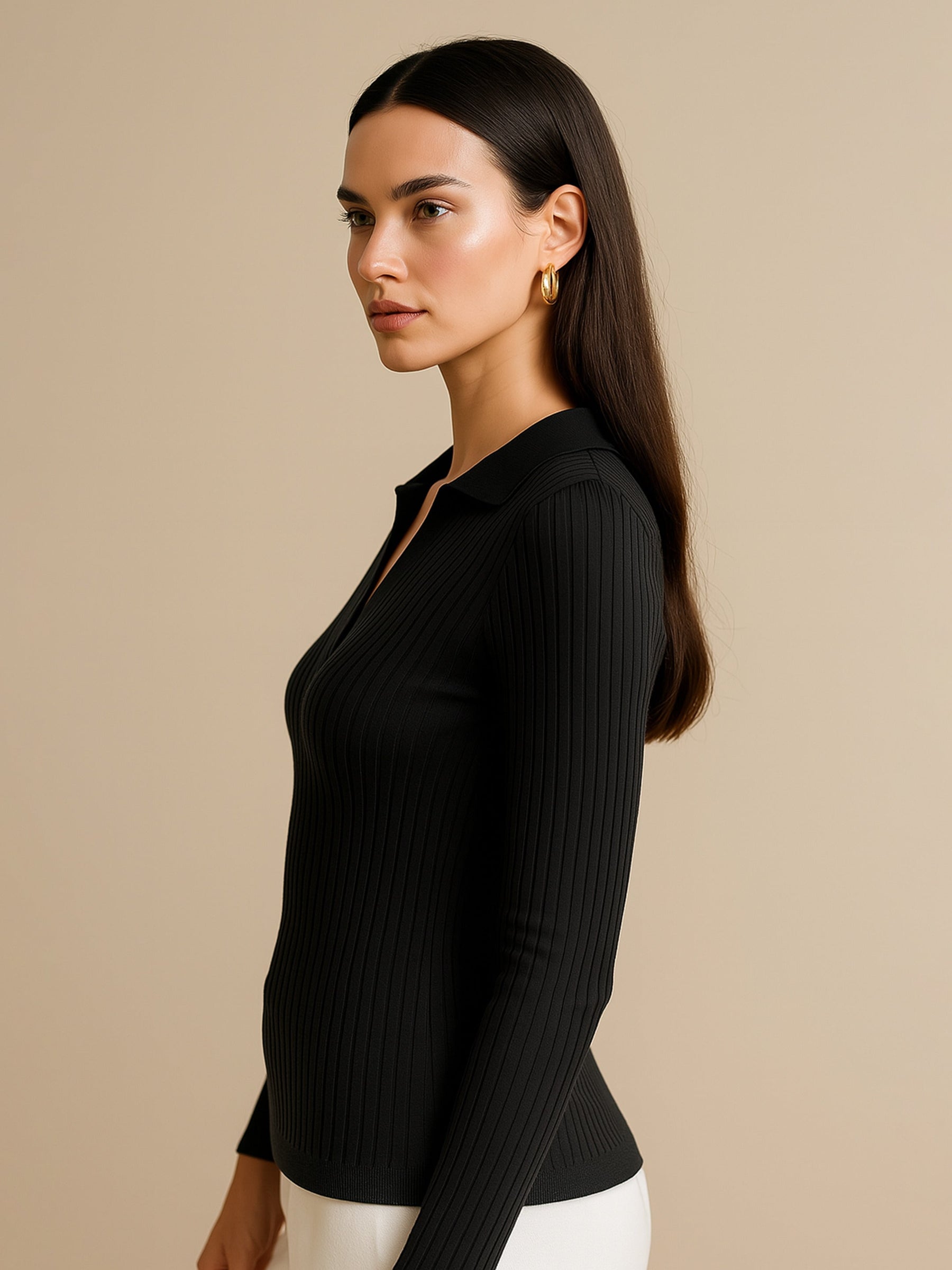 Black Rib Polo Style V-Neck Neck Top-SASSAFRAS
