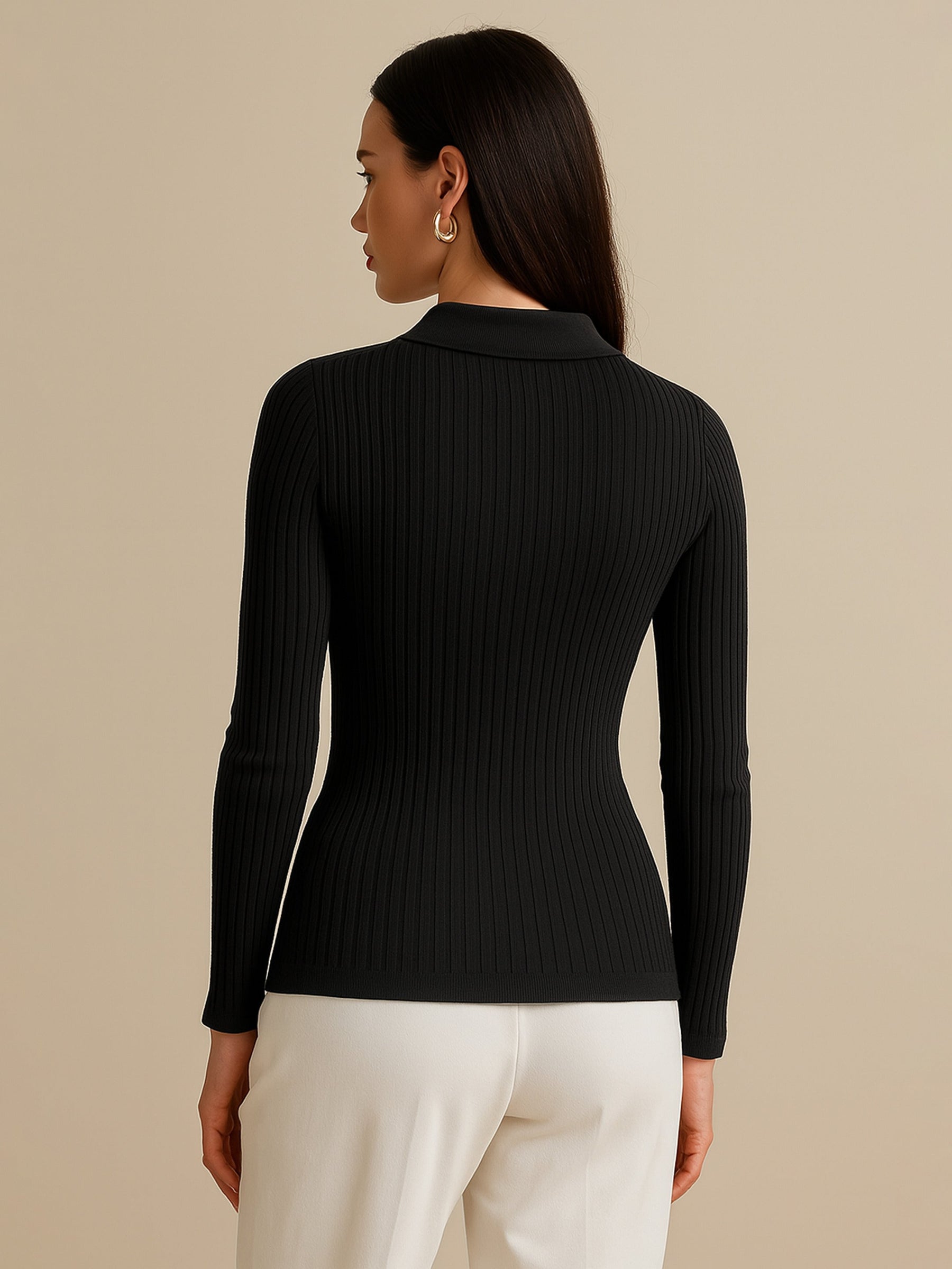 Black Rib Polo Style V-Neck Neck Top-SASSAFRAS