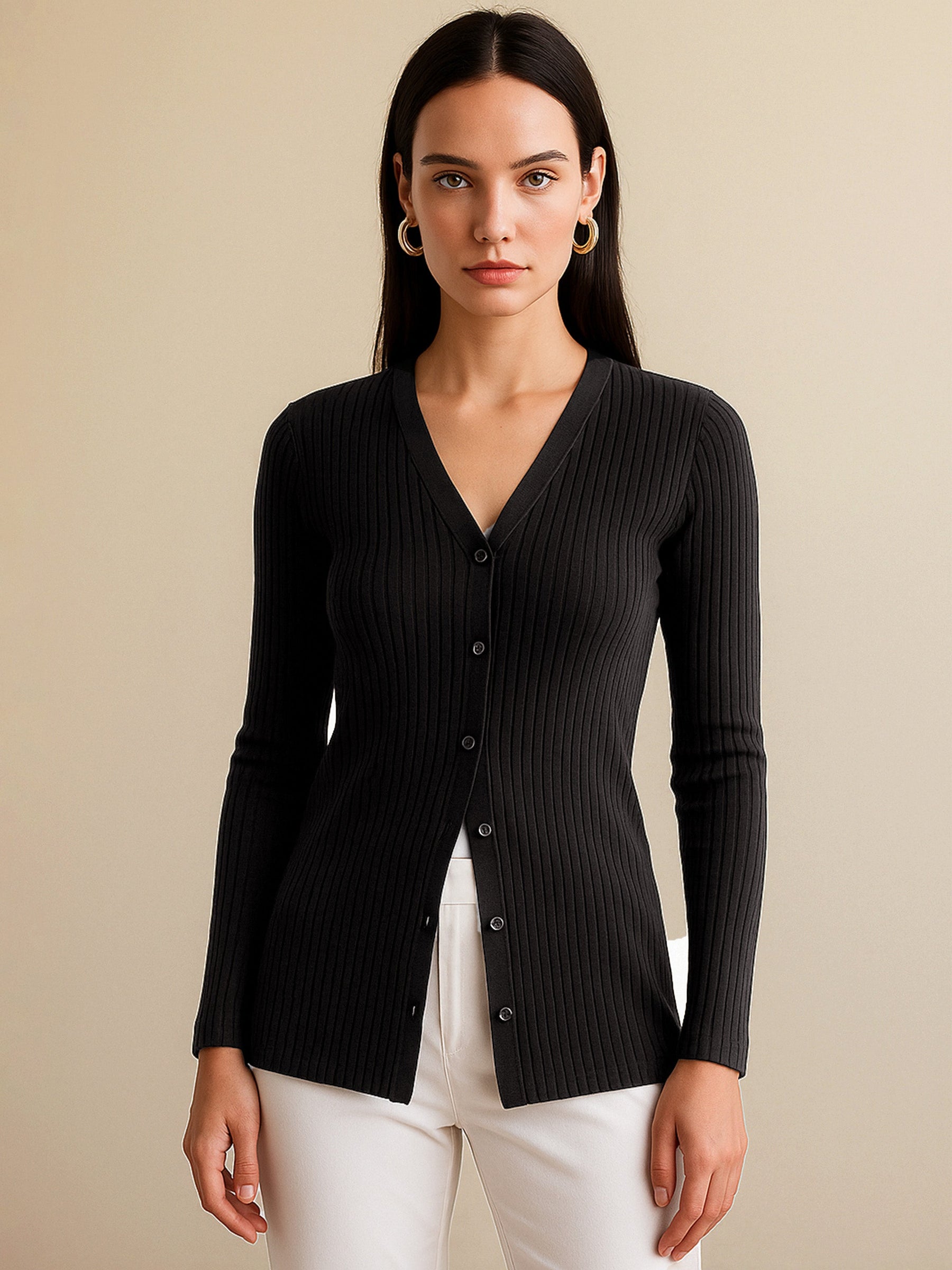 Black Rib Front Button Top-SASSAFRAS