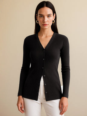 Black Rib Front Button Top-SASSAFRAS