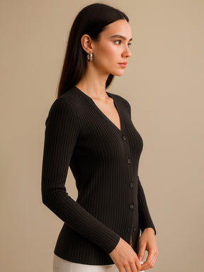 Black Rib Front Button Top-SASSAFRAS