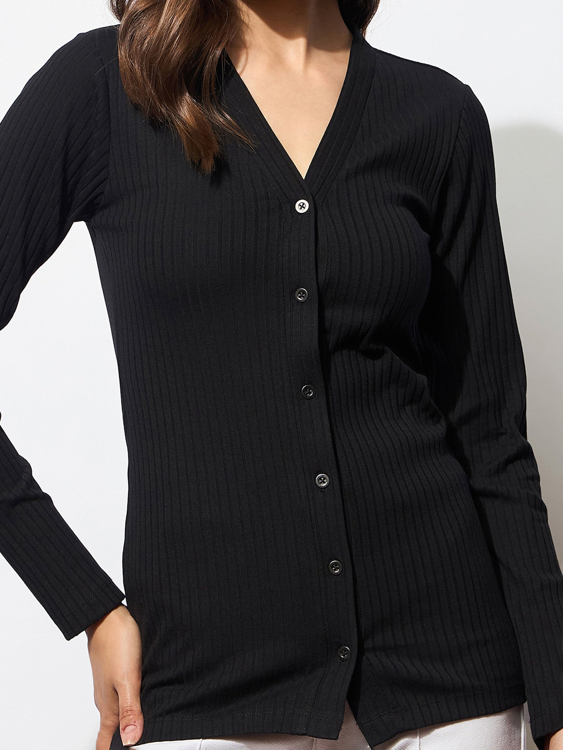 Black Rib Front Button Top-SASSAFRAS