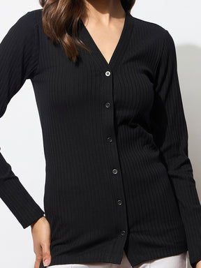 Black Rib Front Button Top-SASSAFRAS