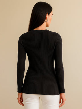 Black Rib Front Button Top-SASSAFRAS