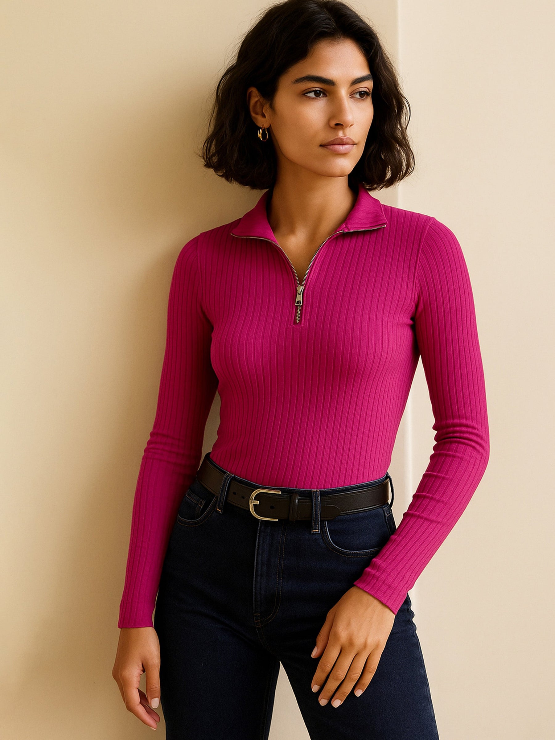 Fuchsia Rib Half Zipper Full Sleeves Top-SASSAFRAS