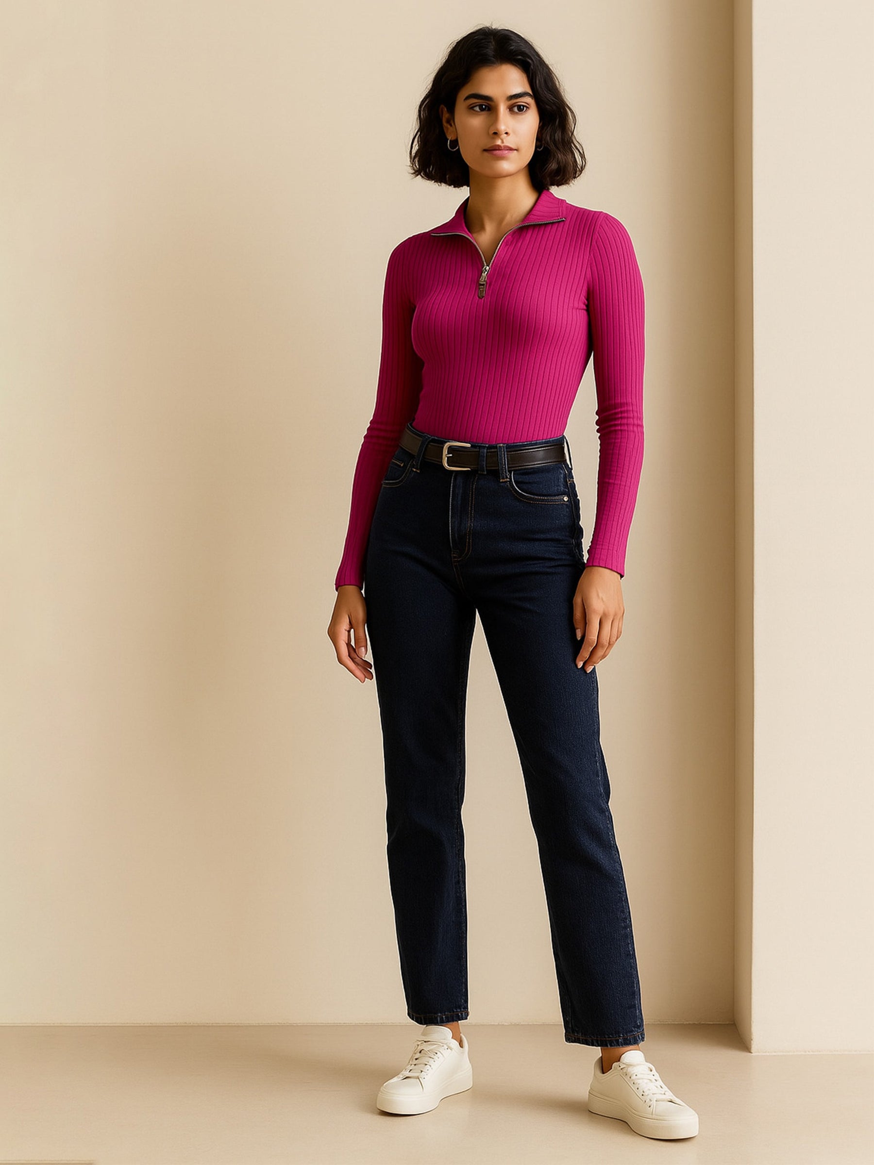 Fuchsia Rib Half Zipper Full Sleeves Top-SASSAFRAS