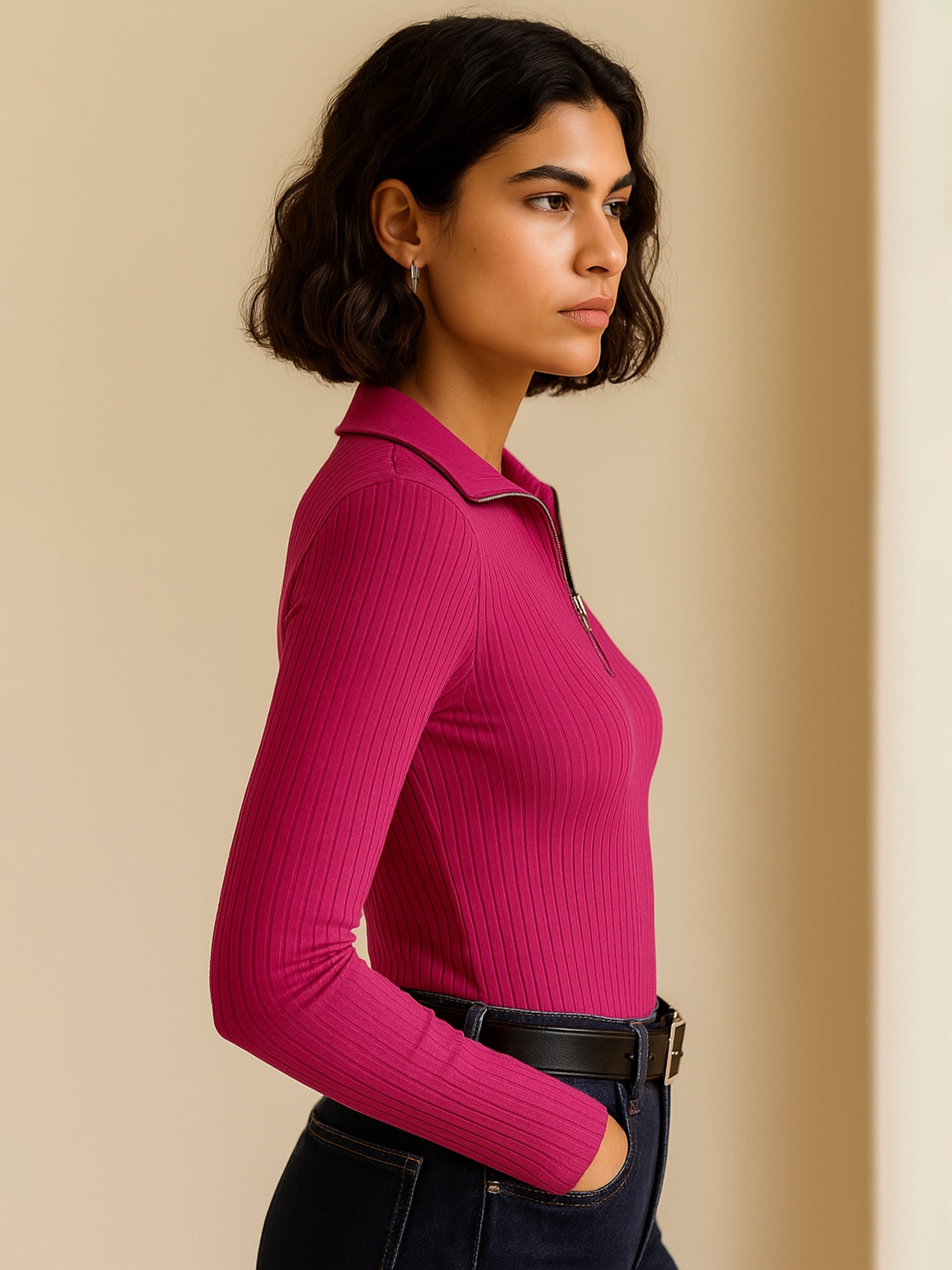Fuchsia Rib Half Zipper Full Sleeves Top-SASSAFRAS