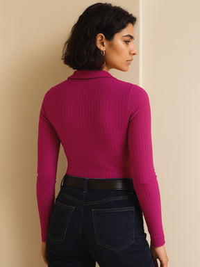 Fuchsia Rib Half Zipper Full Sleeves Top-SASSAFRAS